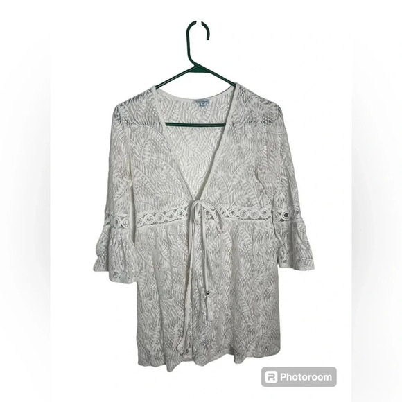 Blue Island White Crochet Style Coverup Bell Sleeve Women’s size Medium - Picture 1 of 4